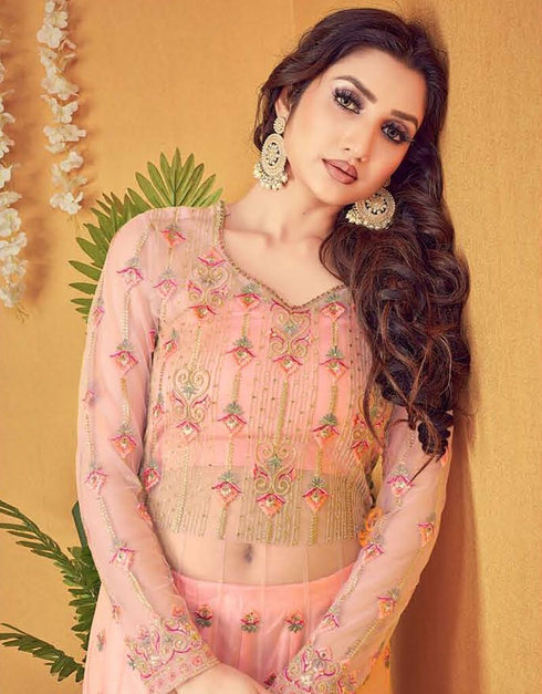 Baby Pink Anarkali style Suits Soft Net Salwar Kameez in Heavy Embroidery, Stone and Lace Work Closure View Embroidery Back side View