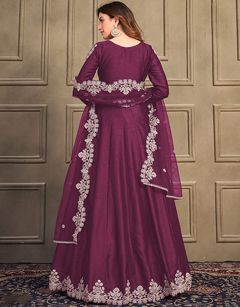 Wine Art Silk Anarkali Suit Salwar Kameez