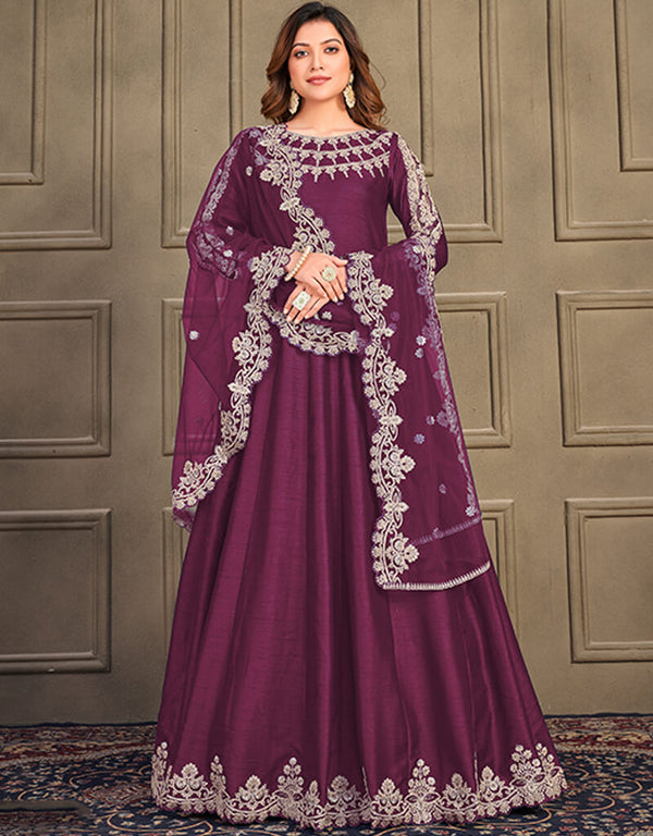 Wine Art Silk Anarkali Suit