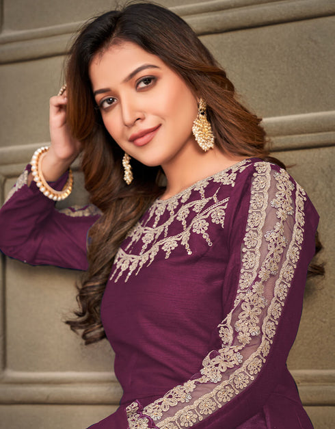 Wine Art Silk Anarkali Suit Back View