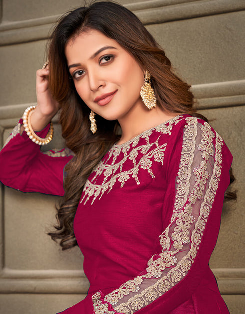 Maroon Art Silk Anarkali Suit Back View