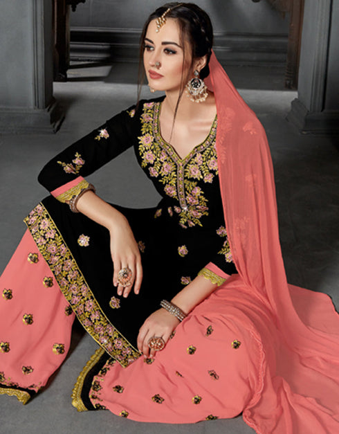 Black Faux Georgette Palazzo Salwar Suit Closure View