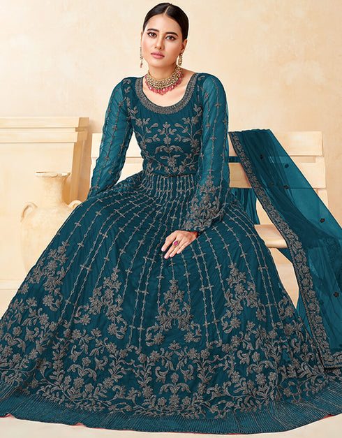Teal Net Anarkali Suit Closure View