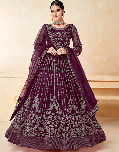 Wine Net Anarkali Suit