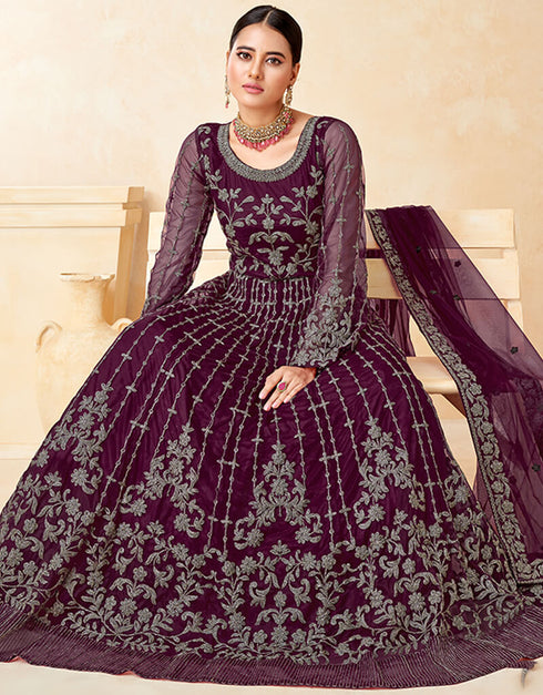 Wine Net Anarkali Suit Closure View