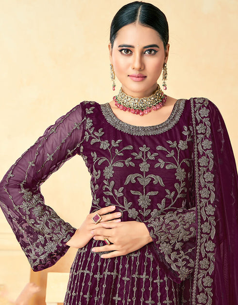 Wine Net Anarkali Suit Back View