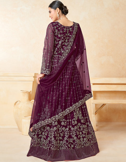Wine Net Anarkali Suit Salwar Kameez