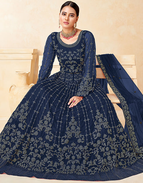Blue Net Anarkali Suit Closure View