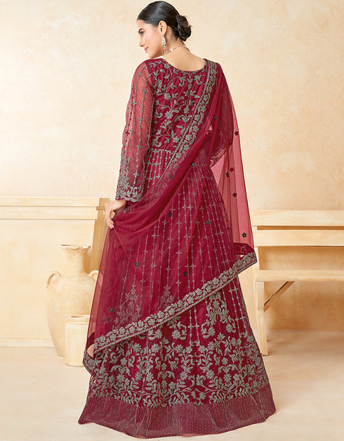 Maroon Net Anarkali Suit Salwar Kameez