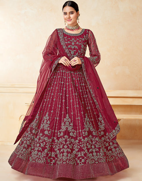 Maroon Net Anarkali Suit