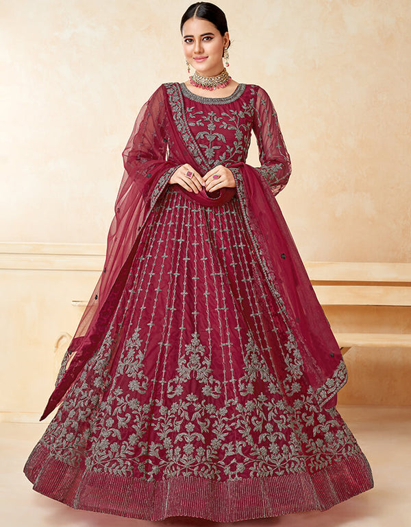 Maroon Net Anarkali Suit