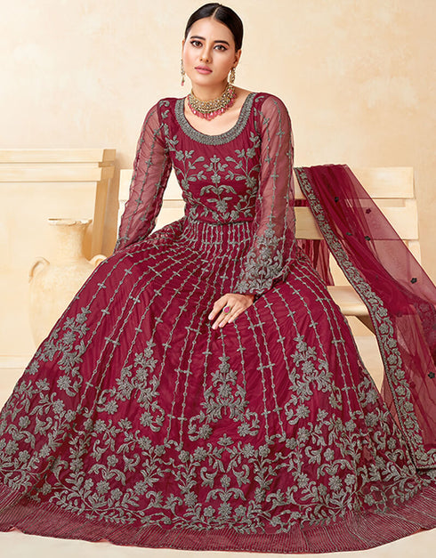 Maroon Net Anarkali Suit Closure View