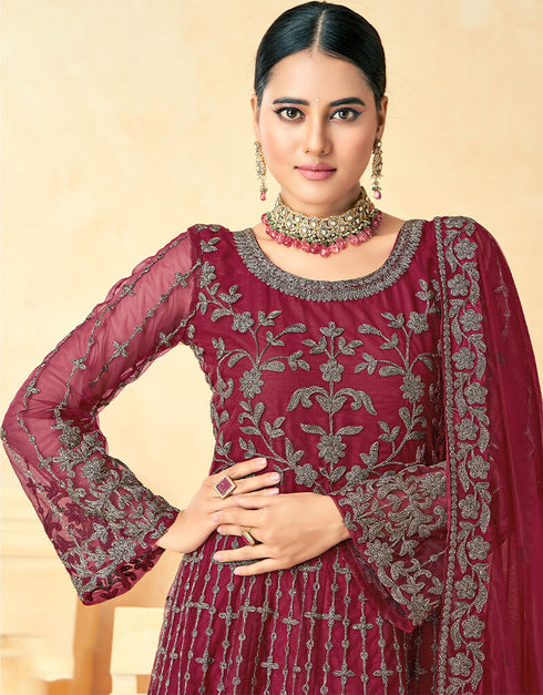 Maroon Net Anarkali Suit Back View