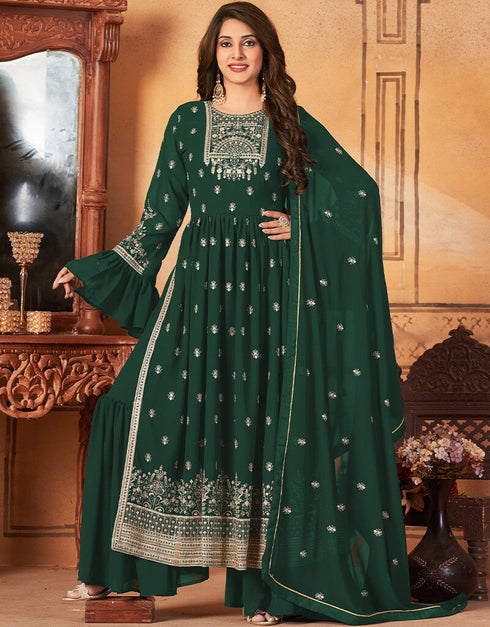 Green Fox Georgette Sharara Salwar Suit Closure View