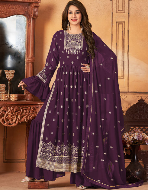 Wine Fox Georgette Sharara Salwar Suit