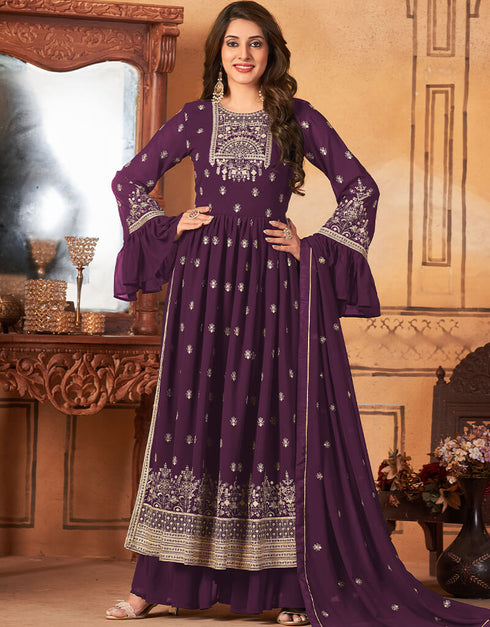 Wine Fox Georgette Sharara Salwar Suit Closure View