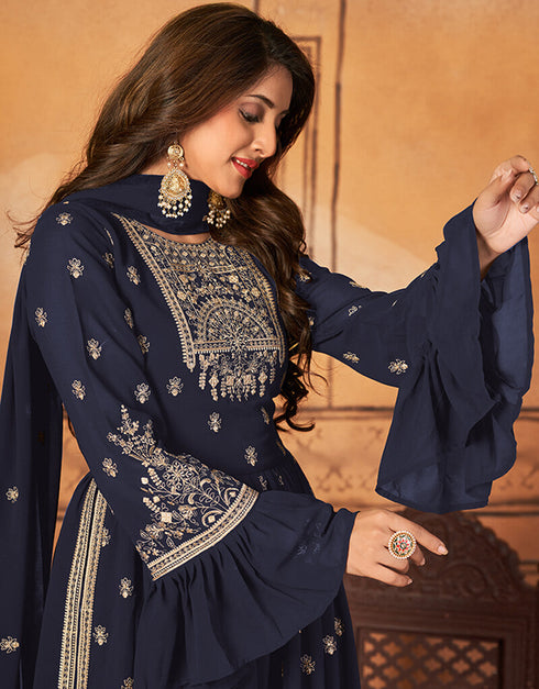 Blue Fox Georgette Sharara Salwar Suit Back View