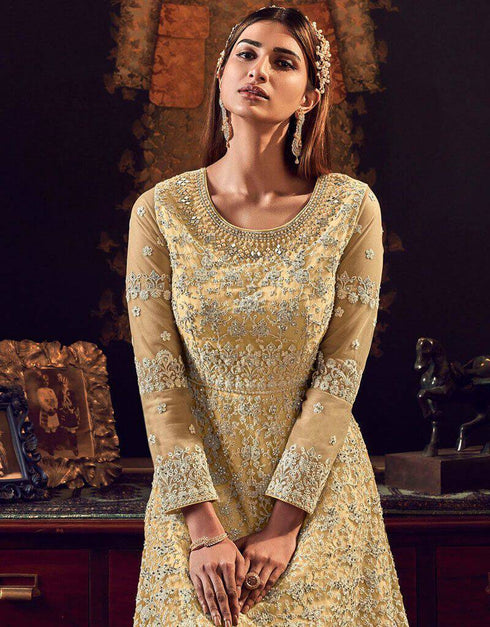 Light Yellow Butter Fly Net Chudidar Anarkali