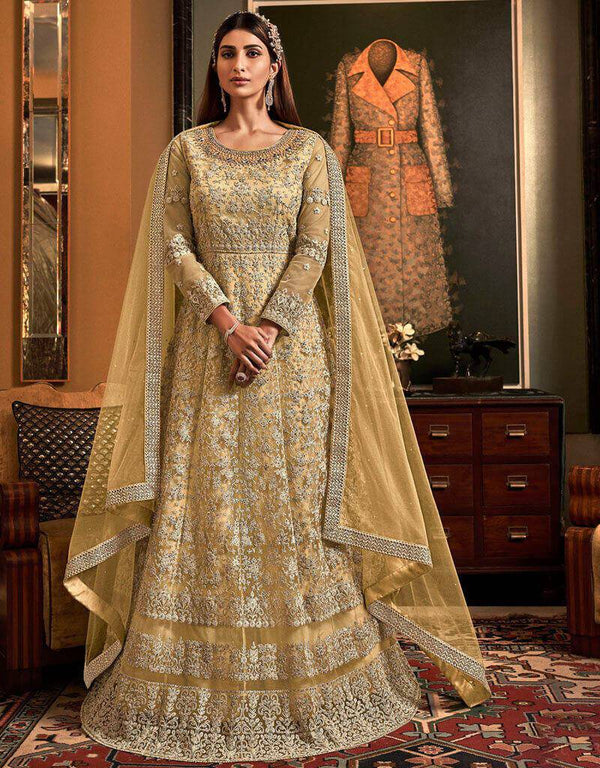 Light Yellow Butter Fly Net Chudidar Anarkali