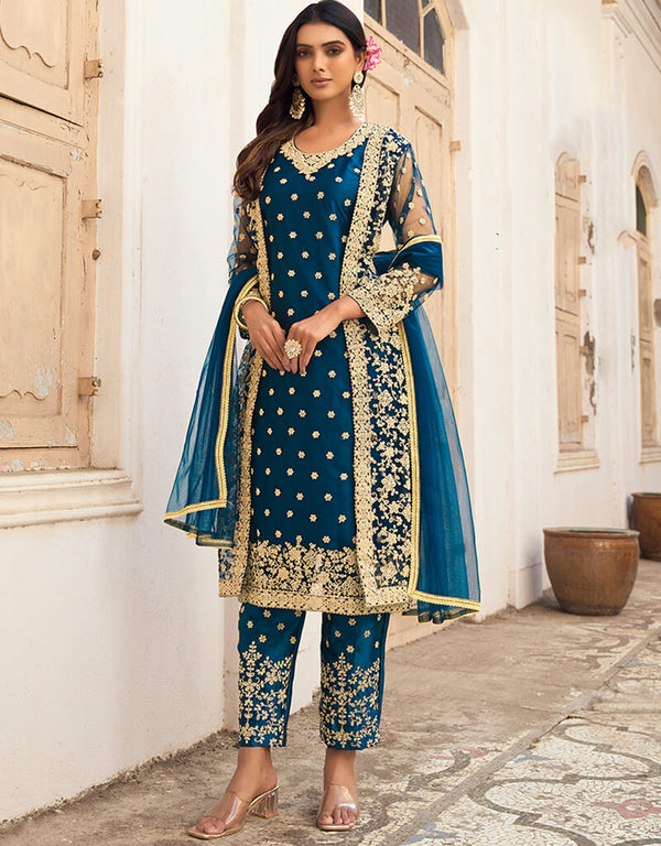 Teal Pant style Salwar Suit Butterfly Net Salwar Kameez in Cording Embroidery & Lace Work