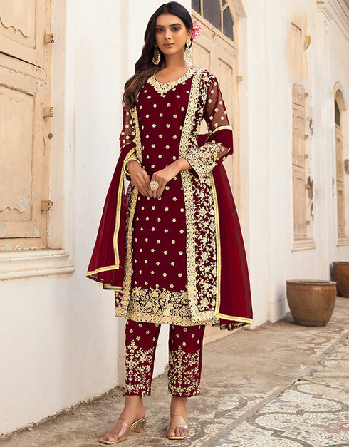 Maroon Pant style Salwar Suit Butterfly Net Salwar Kameez in Cording Embroidery & Lace Work