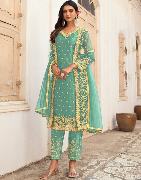 Mint Green Pant style Salwar Suit Butterfly Net Salwar Kameez in Cording Embroidery & Lace Work