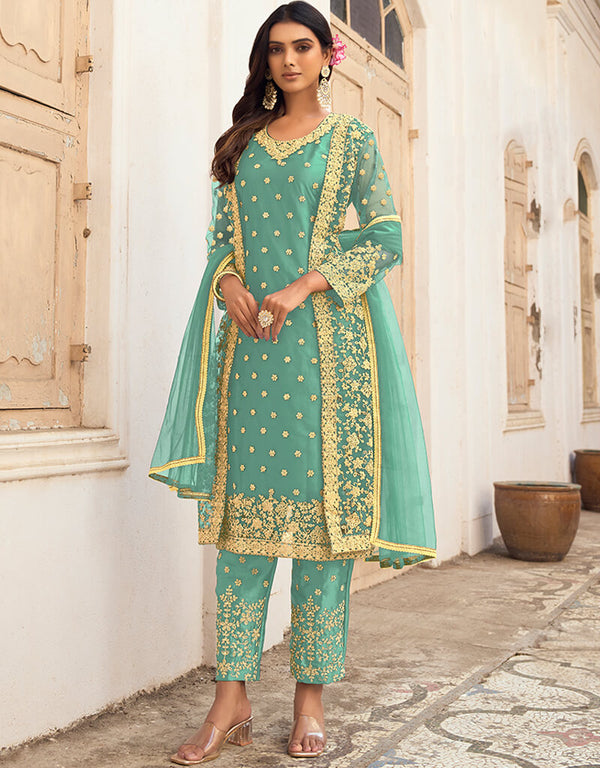 Mint Green Pant style Salwar Suit Butterfly Net Salwar Kameez in Cording Embroidery & Lace Work