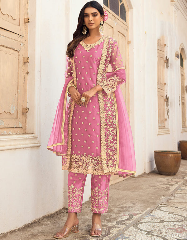 Pink Pant style Salwar Suit Butterfly Net Salwar Kameez in Cording Embroidery & Lace Work