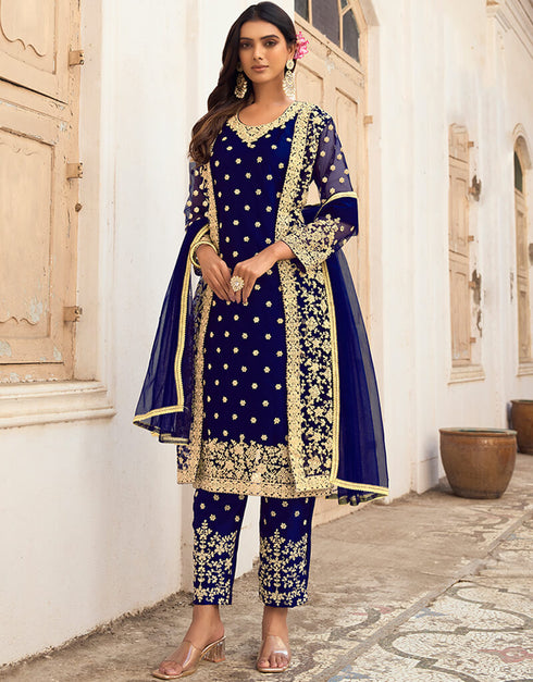 Navy Blue Pant style Salwar Suit Butterfly Net Salwar Kameez in Cording Embroidery & Lace Work