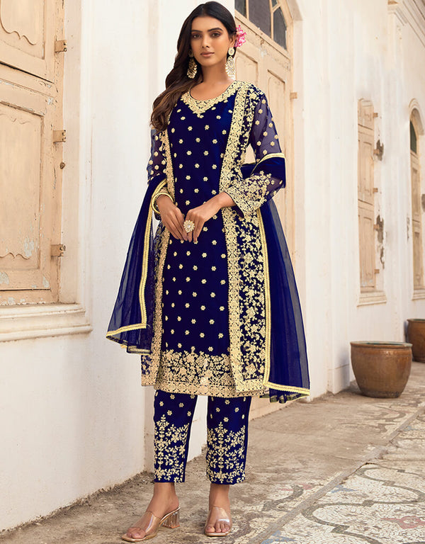 Navy Blue Pant style Salwar Suit Butterfly Net Salwar Kameez in Cording Embroidery & Lace Work