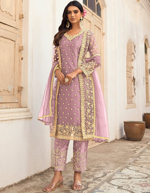 Light Lavender Pant style Salwar Suit Butterfly Net Salwar Kameez in Cording Embroidery & Lace Work