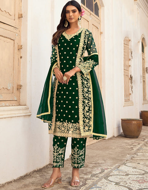 Green Pant style Salwar Suit Butterfly Net Salwar Kameez in Cording Embroidery & Lace Work