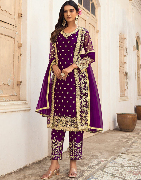 Purple Pant style Salwar Suit Butterfly Net Salwar Kameez in Cording Embroidery & Lace Work