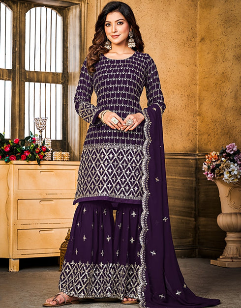 Very Dark Purple Faux Georgette Sharara Suit