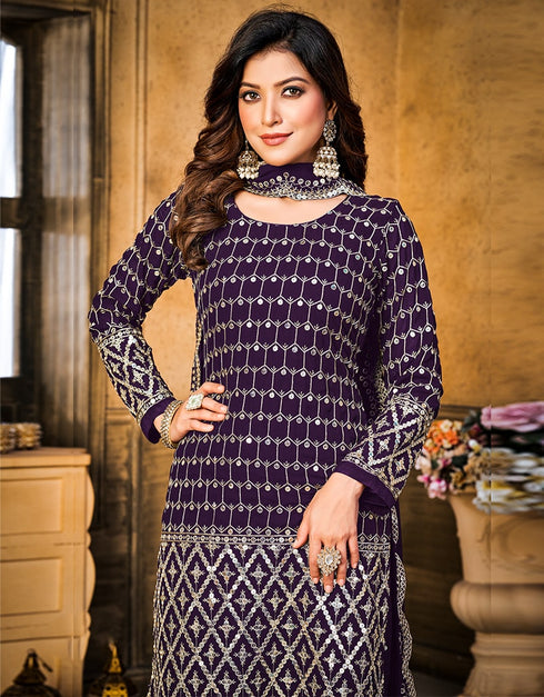 Very Dark Purple Faux Georgette Sharara Suit Back View