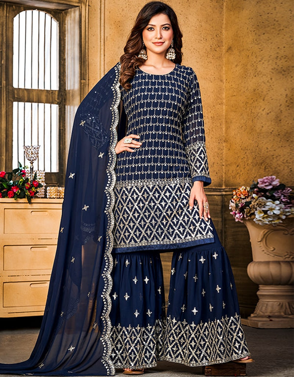 Nile Blue Faux Georgette Sharara Suit