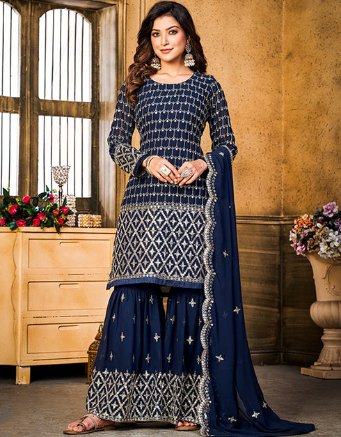 Nile Blue Faux Georgette Sharara Suit Closure View
