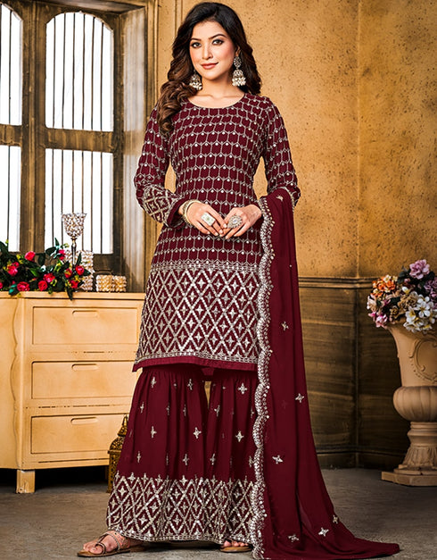 Maroon Oak Faux Georgette Sharara Suit Salwar Kameez
