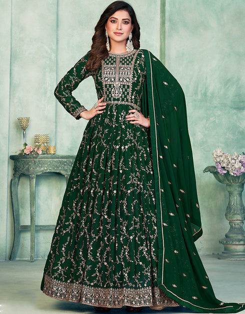 Bottle Green Faux Georgette Pant Straight Closure View