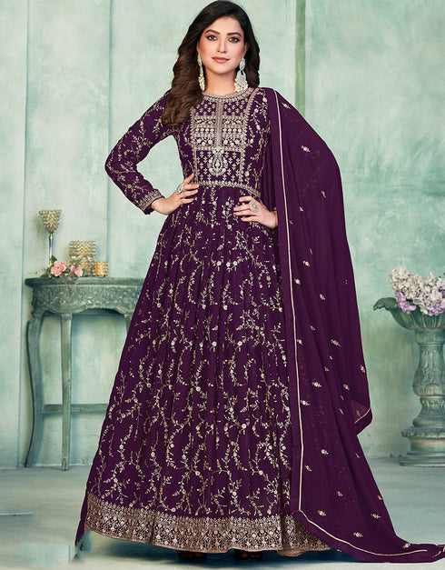 Dark Purple Faux Georgette Pant Straight Closure View