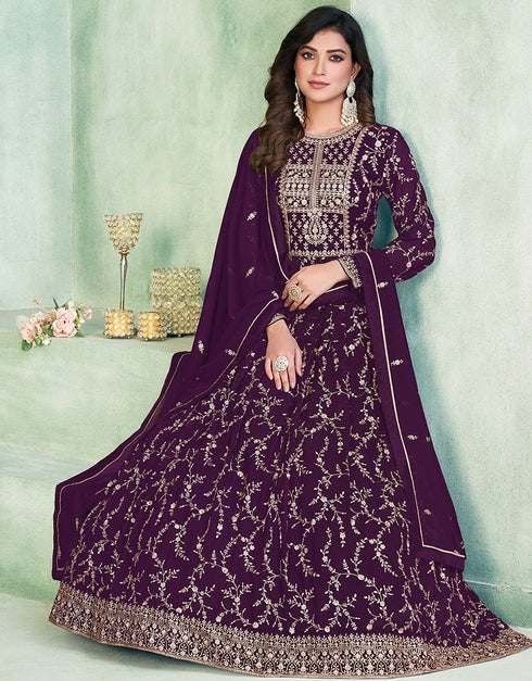 Dark Purple Faux Georgette Pant Straight Back View