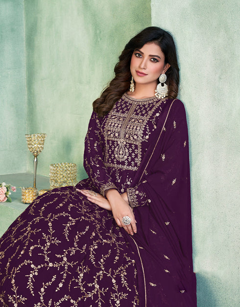 Dark Purple Faux Georgette Pant Straight Salwar Kameez