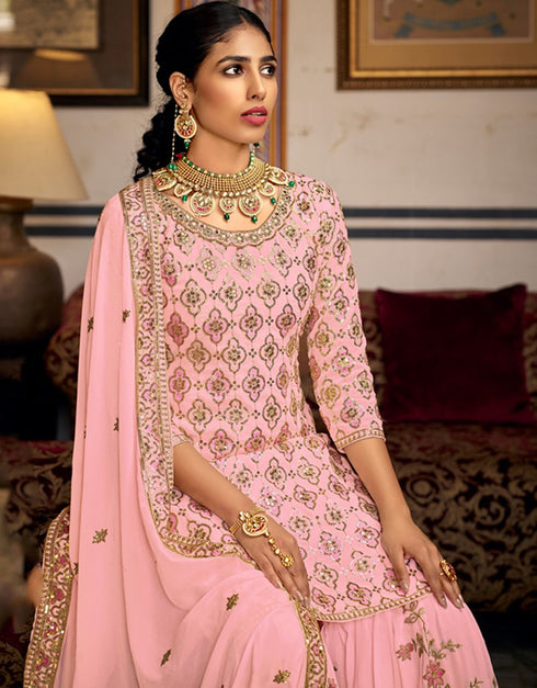 Designer Party Wear Readymade Salwar Suit Pink Heavy Faux Georgette Sharara Suit Close-up View