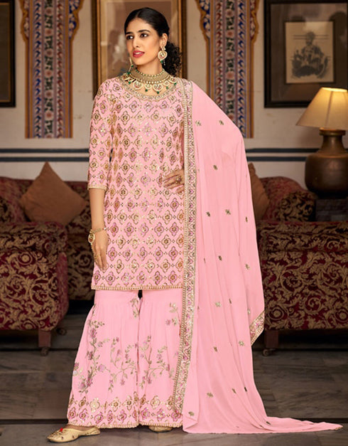 Designer Party Wear Readymade Salwar Suit Pink Heavy Faux Georgette Sharara Suit Front View