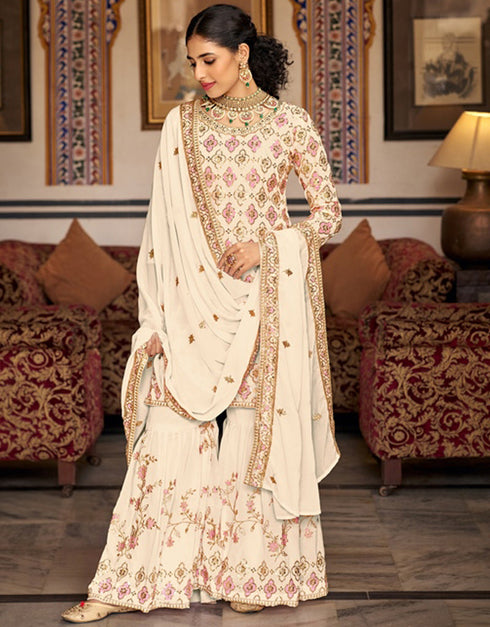 Designer Party Wear Readymade Salwar Suit Cream Heavy Faux Georgette Sharara Suit Front View