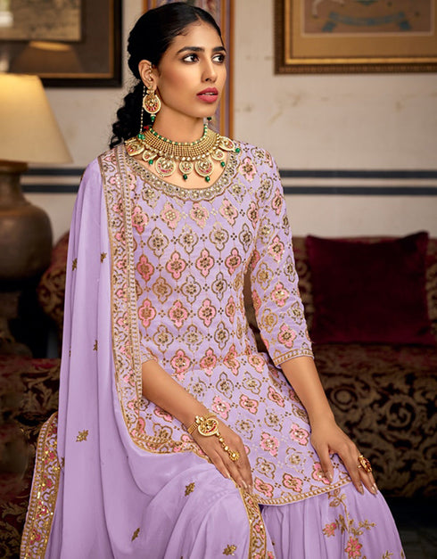 Designer Party Wear Readymade Salwar Suit Light Purple Heavy Faux Georgette Sharara Suit Close-up View