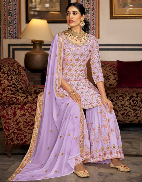 Designer Party Wear Readymade Salwar Suit Light Purple Heavy Faux Georgette Sharara Suit Front View