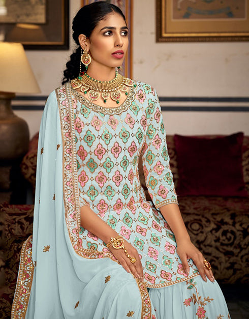 Designer Party Wear Readymade Salwar Suit Sky Blue Heavy Faux Georgette Sharara Suit Close-up View