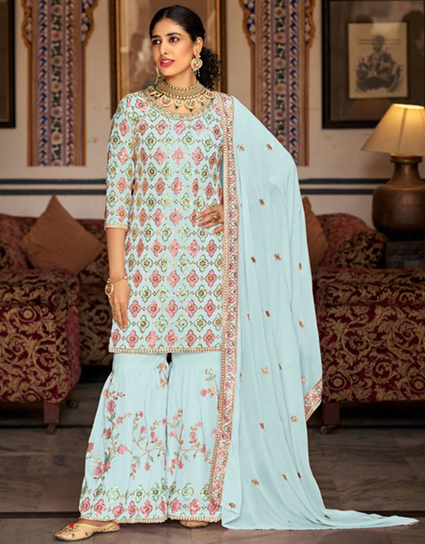 Designer Party Wear Readymade Salwar Suit Sky Blue Heavy Faux Georgette Sharara Suit Front View