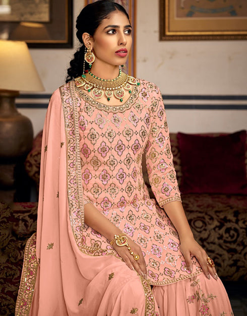 Designer Party Wear Readymade Salwar Suit Sweet Pink Heavy Faux Georgette Sharara Suit Back View